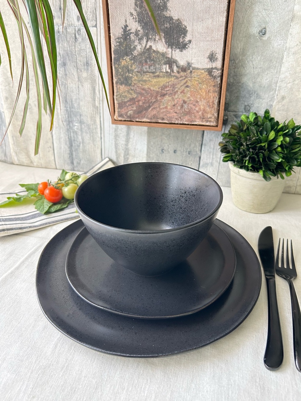 🌴Sleek Threshold Stoneware Houlton 3pc Dinnerware | Black | Target | NWT
